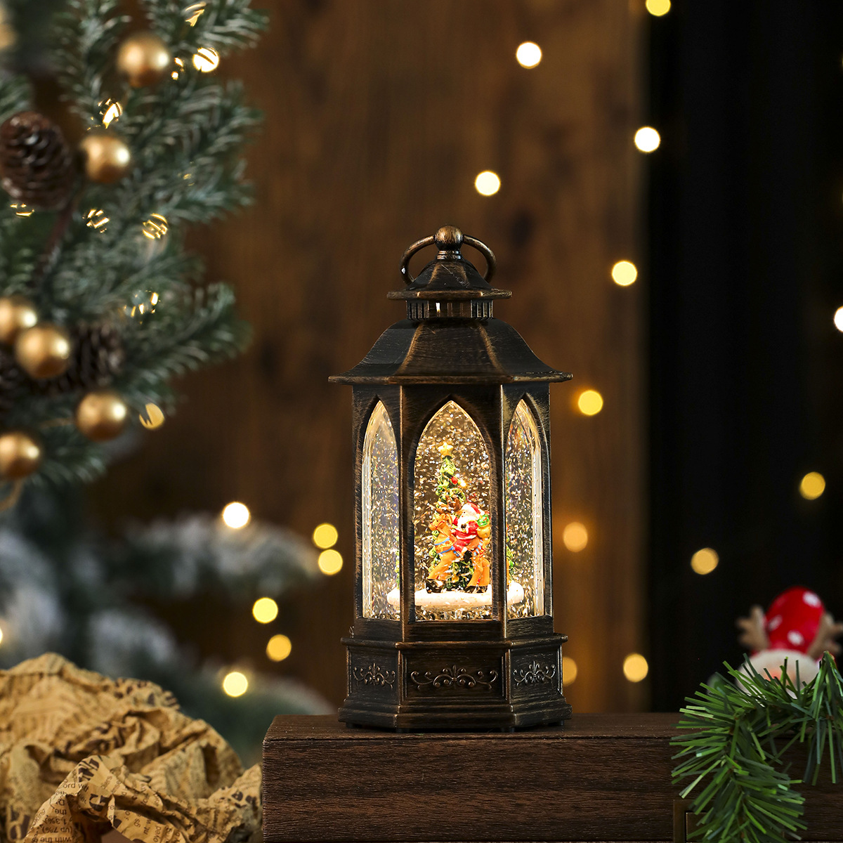 Nueva lámpara de aceite de inyección de agua hexagonal de nieve giratoria luminosa, decoración de caja de música, decoración de regalo de Navidad, linterna