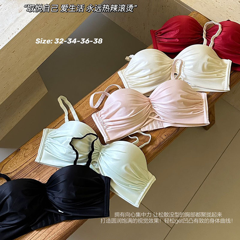 Autumn and winter satin small chest gathered strapless pleated bra seamless bra live half cup underwear foreign trade cross-border