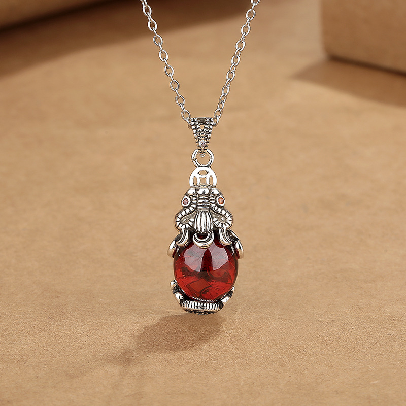 Retro simple all-match Garnet money necklace women's Thai silver vintage animal year ethnic style pendant jewelry