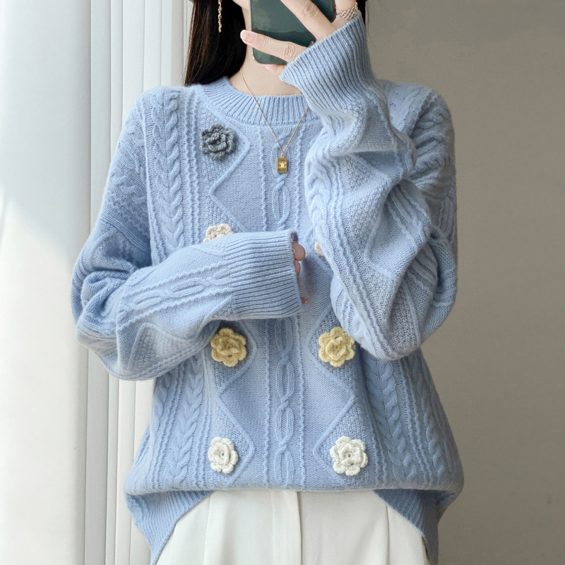 100% Wool Seven-Needle Thickened Handmade Three-Dimensional Solid Color Rose Crochet Twist Loose Lazy Base Knit Sweater