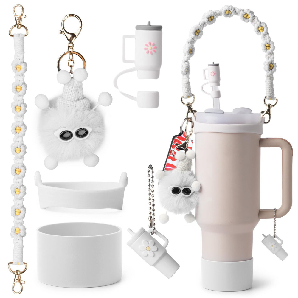Amazon taza de calor cuentas brazalete llavero botella de agua colgante margarita gorra de paja flor colgante taza cubierta