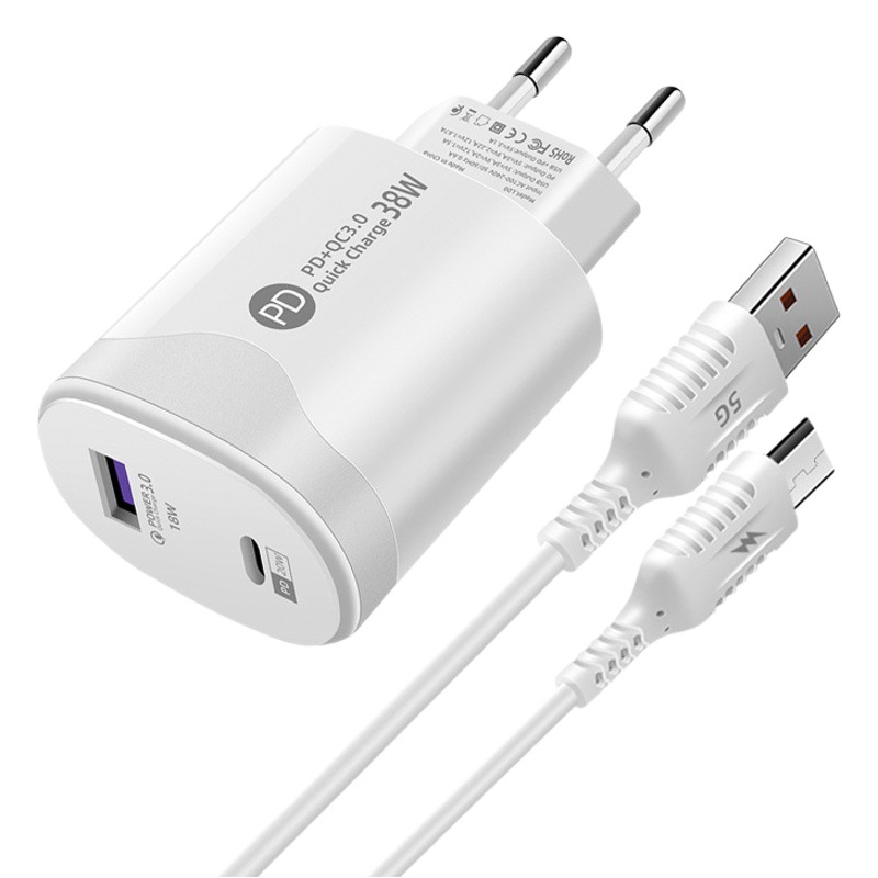 Certificado CE transfronterizo 38W cargador de carga rápida cable de datos dual C de Android PD20W cargador de carga directa para teléfono inteligente