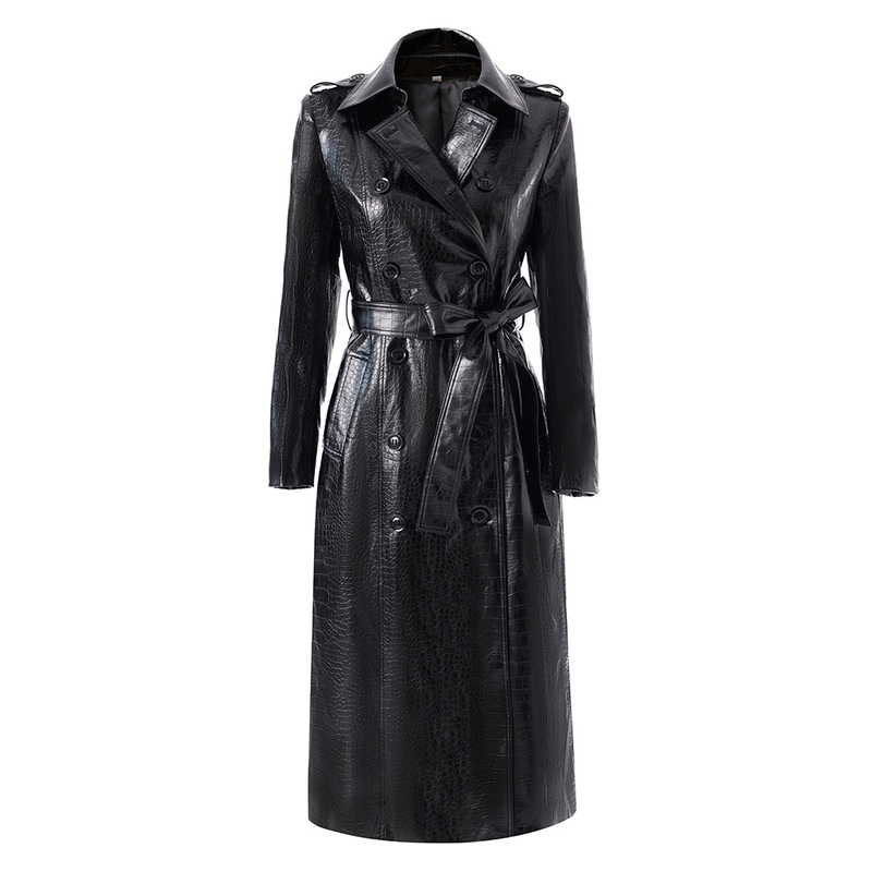 In Stock~2026 New Trendy Pu Leather Long Coat with Double-Breasted Design and Waist-Tie Trench Coat