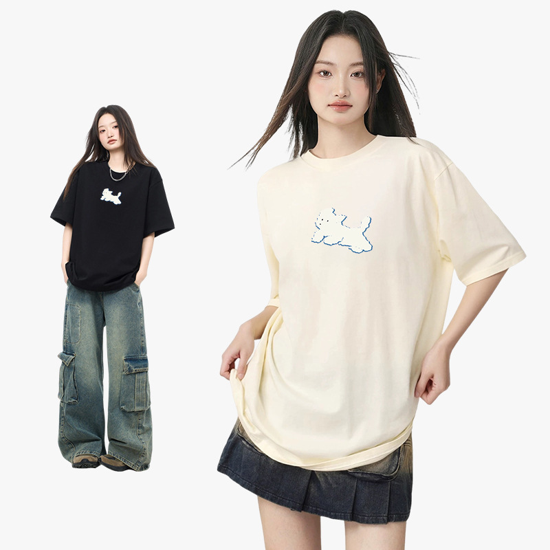 Spring and Summer 2024 White Dog Cute Short-sleeved T-shirt Women's Loose Casual Couple's Hot Stamping Half-sleeved Base Shirt