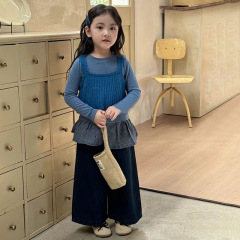 女童2025新款针织吊带背心打底衫百搭格纹屁帘休闲裤子潮流三件套
