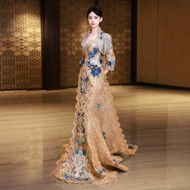 香槟金蓝秀禾服婚服2025新款重工拖尾新娘婚礼敬酒服中式嫁衣冬款