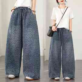 2026春季新款韩版豹纹花烫钻大码阔腿松紧宽松显瘦牛仔裤