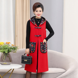 New Fashion Ethnic Style Mid-long Middle-aged and Elderly Mother's Coat with Buckle Hooded Vest Jacket Spring and Autumn Vest Shoulder