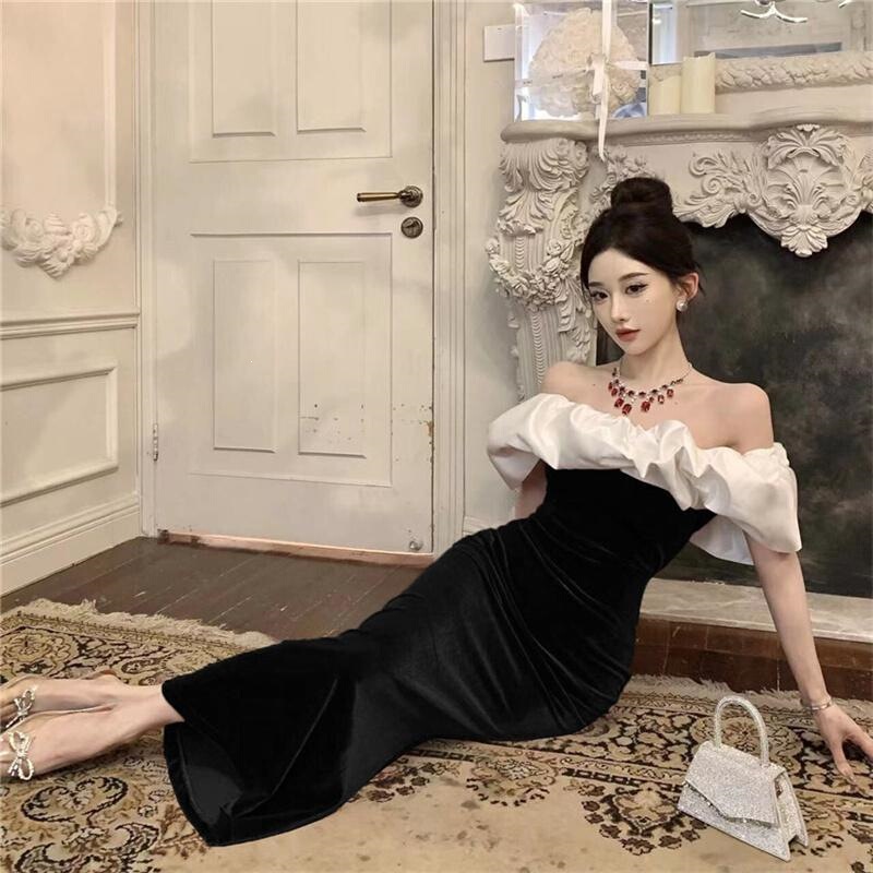 Velvet One-Shoulder Evening Gown, Hepburn-Style Toast Dress, Slimming, Light Luxury, Niche Mermaid Long Dress