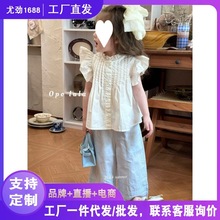 女童夏季新款纯棉娃娃衫衬衫短袖上衣柔软阔腿棉布裤子女宝宝代发