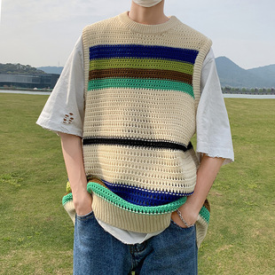 Contrast Color Knitted Vest Men's Loose Trendy Hollow Design Waistcoat Vest Summer Japanese Style Retro Couple Top