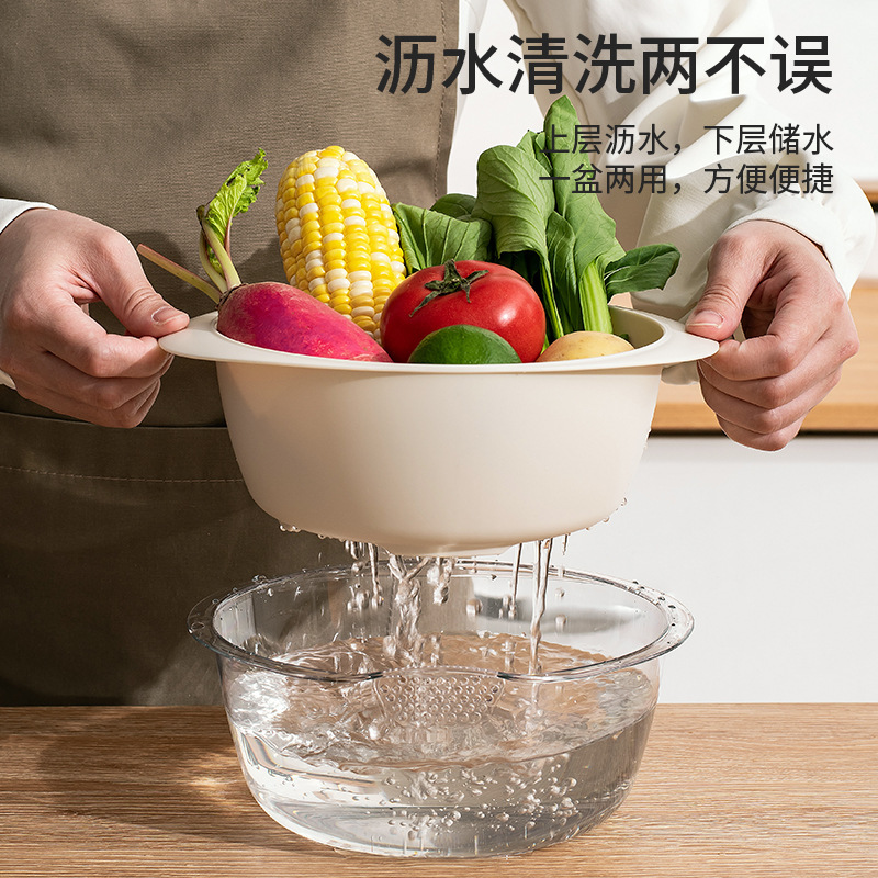 プラスチック製の水たまりかごの二重水たまり台所の野菜ボウルの家庭用多機能野菜果物の米を研ぐ透明な水たまりかご|undefined