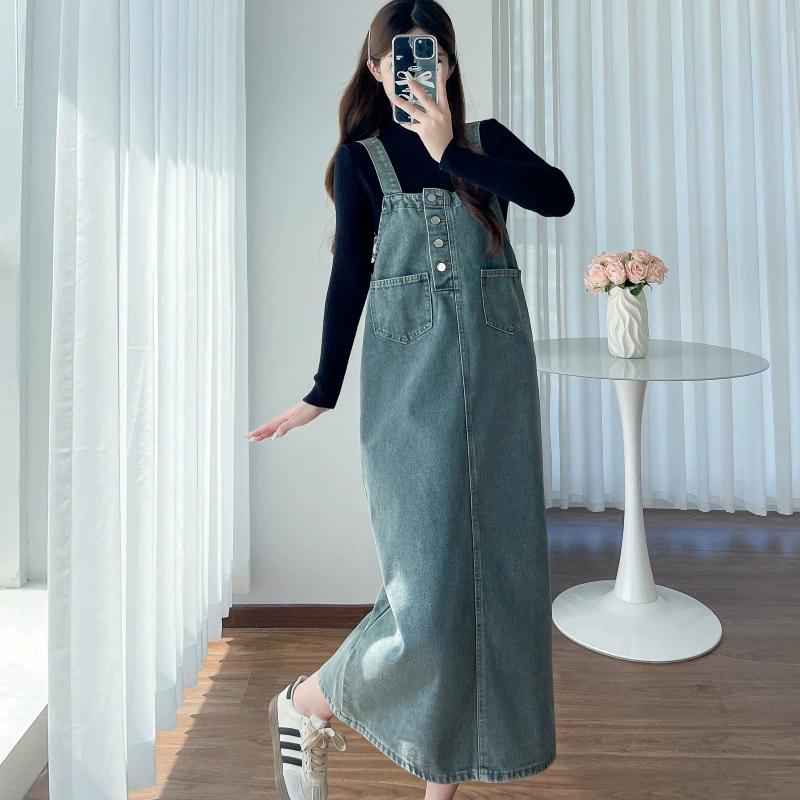 Настоящий спот 2024 новый осенний и зимний костюм для беременных джинсовая юбка черный свитер набор из двух частей