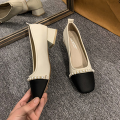 2024 Spring New Chanel-style Pearl Square-toe Color-blocked Low-mouth Fashion Thick-heel Single Shoes for Women OL High-heel Professional Shoes