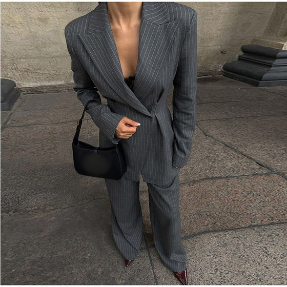 Lapel Pinstripe Long Sleeve Coat European and American Cross-border Fashion Casual Waist Elegant Suit Coat