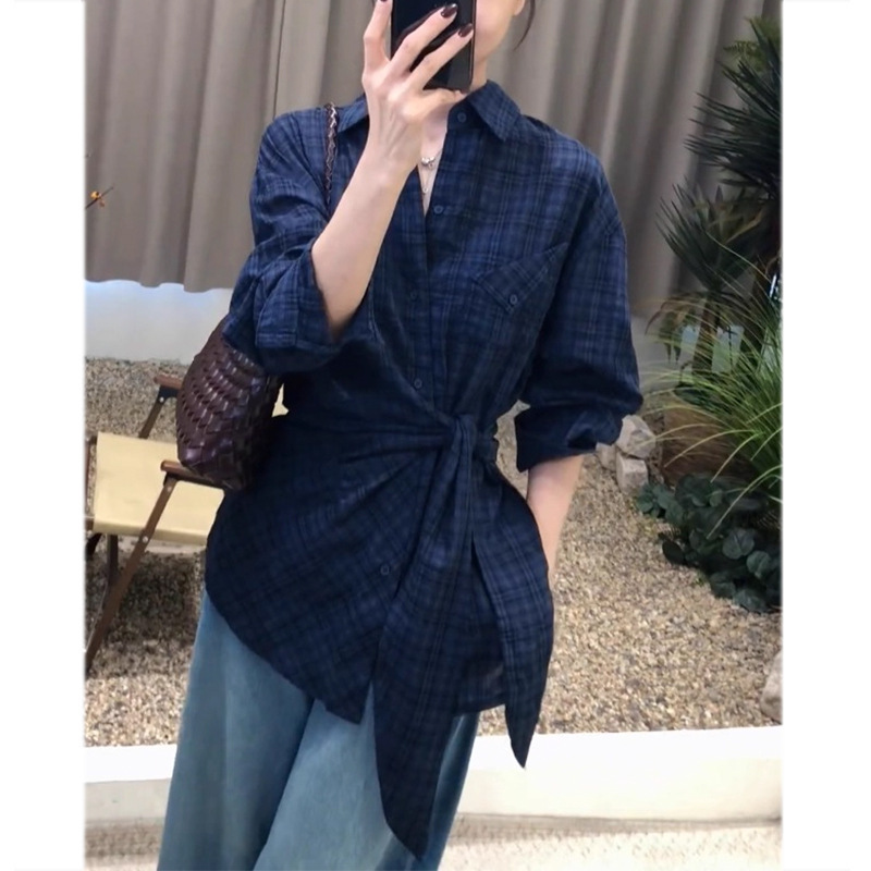 蓝色格纹收腰衬衫女高级感轻奢减龄洋气又a又飒冷淡系设计感上衣|undefined