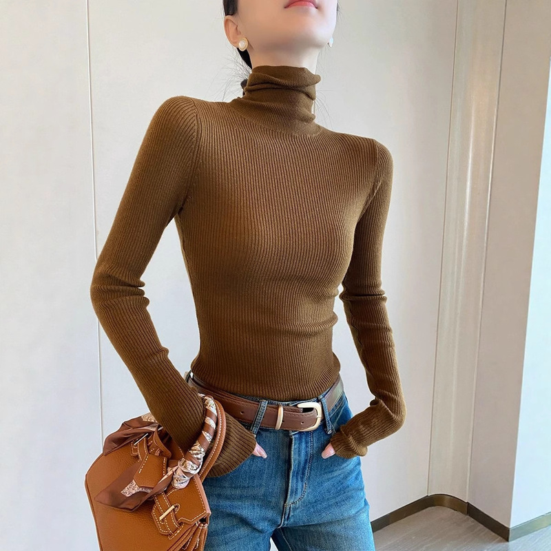 Pinken Brown Turtleneck Long-Sleeved Knitwear for Women Autum 2025 New Slim Fit Bottoming Knitwear