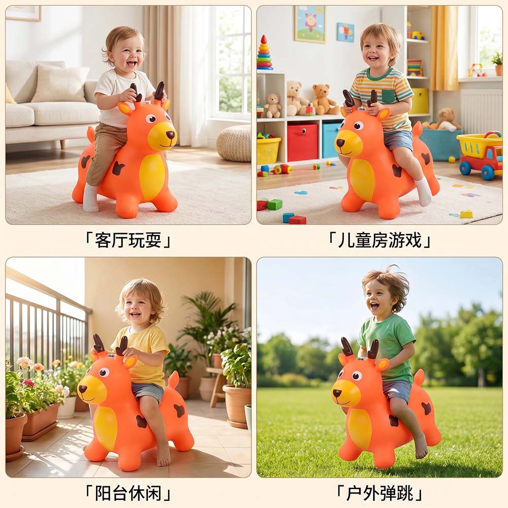Musical Elk-Shaped Bouncing Horse Inflatable Toy Baby Ride-On Cartoon Musical Bouncing Horse Outdoor Toy Ride-On