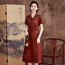 真丝红莨香云纱连衣裙女夏季新款桑蚕丝刺绣气质国风红色妈妈长裙