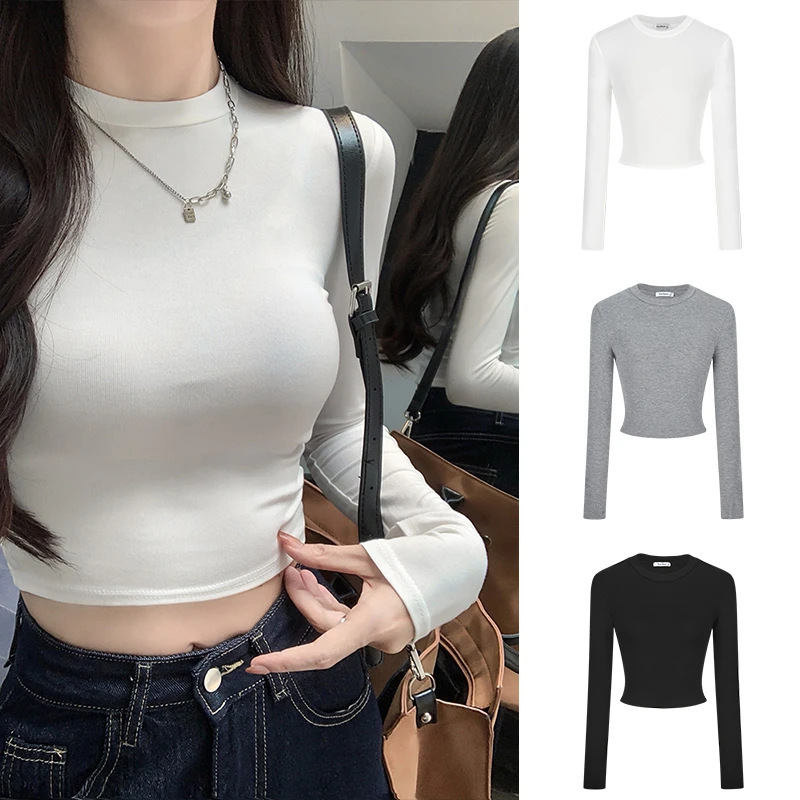 Tiktok Trending Right Shoulder Short Long-Sleeve White T-Shirt for Women, Autumn and Winter Slim Fit Round Neck Base Shirt, Trendy Top