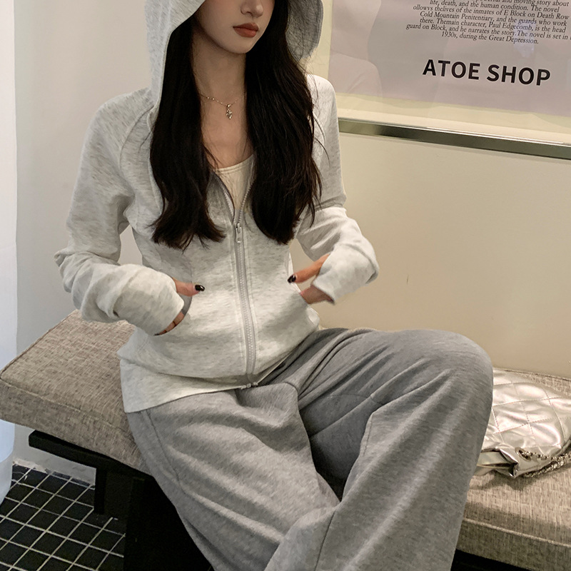 Slim Sweatshirt Women's American Style Hooded New Casual Sports Jacket Autum Versatile Long-Sleeved Cardigan Top for Small People