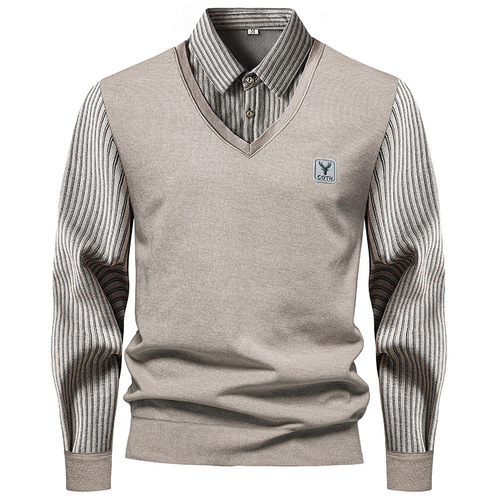 Men's Long Sleeve Two-Piece Woolen Cardigan Fashion Fleece Striped Shirt Knit Crew Neck