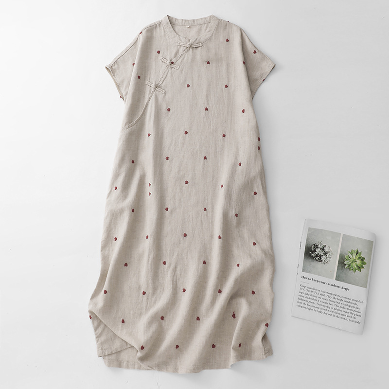 2026 New Chinese Style Summer Linen Zen-Inspired Moon Sleeve Blouse Printed Dress