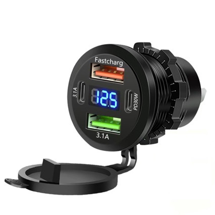Cross-border fast charging dual USB+PD interface mobile phone car charger for cars and RVs 12-24V with switch and digital display
