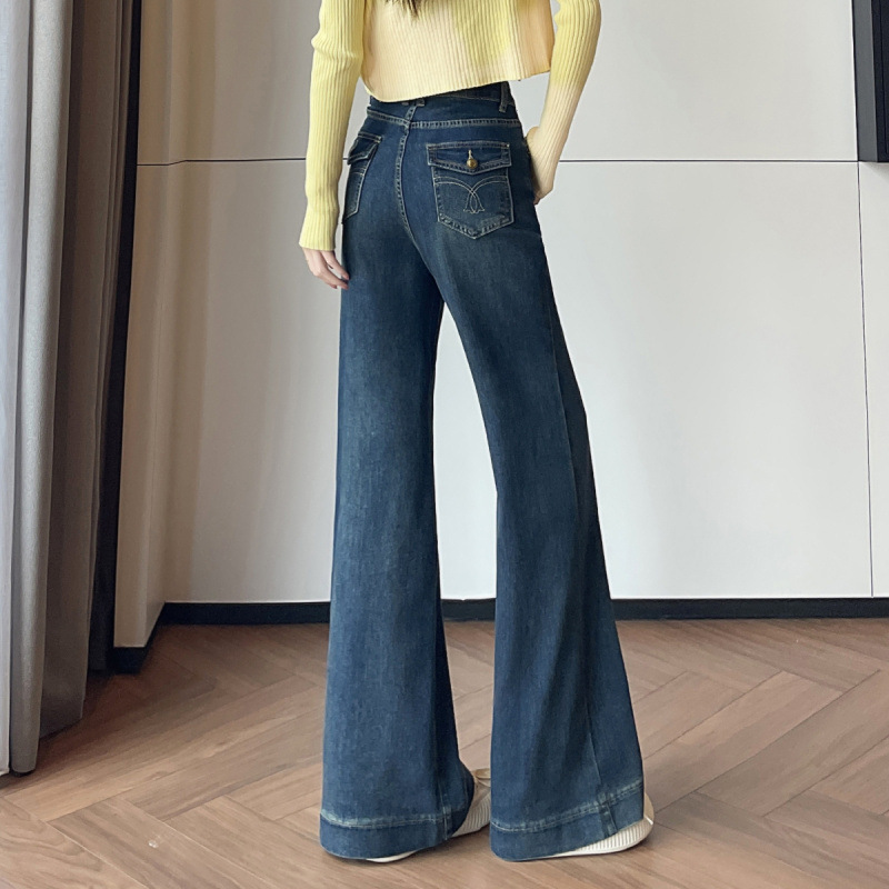 2026 Embroidered Autumn American Style Stretch Versatile Denim Straight Wide-Leg Pants for Petite Women 145CM
