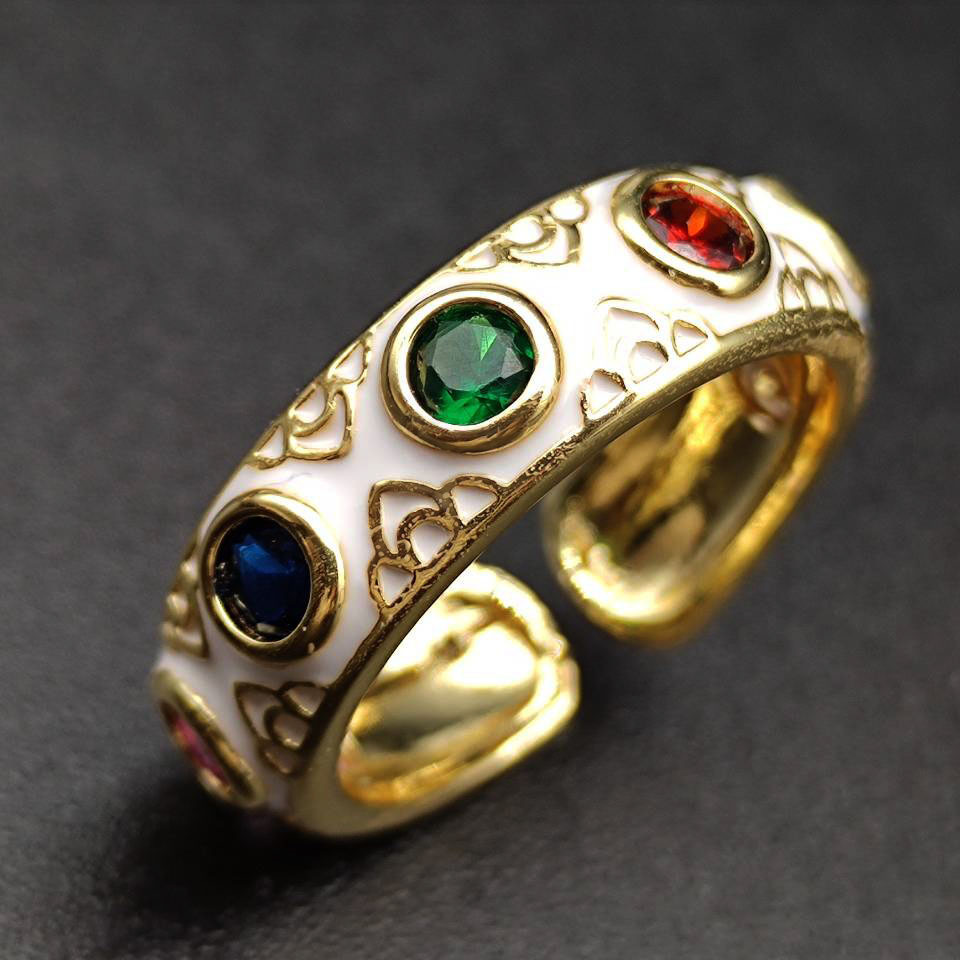 Fashion Round Copper Gold Plated Enamel Artificial Gemstones Rings 1 Piece