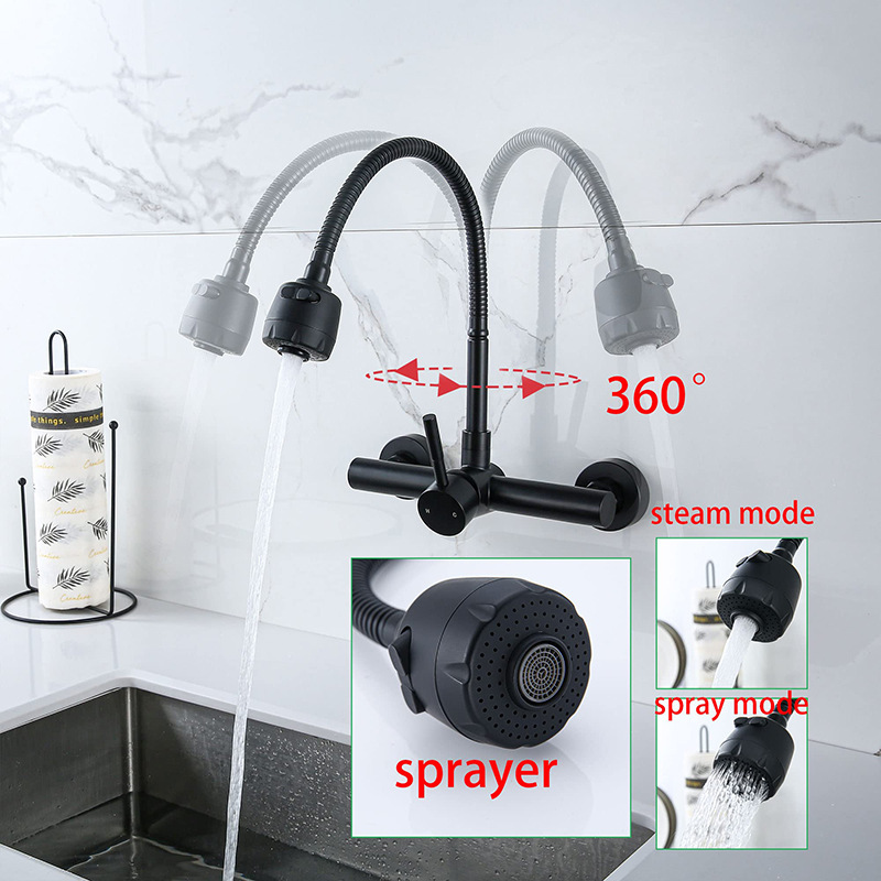 Grifo de cocina de pared de acero inoxidable 304, fregona, lavabo, lavabo, lavabo, lavabo, grifo de agua caliente y fría universal negro
