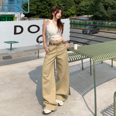 RISHE # アメリカンレトロジーンズレディースデザインパッチワークカーキルーズワイドレッグストレートシミターパンツトレンディ