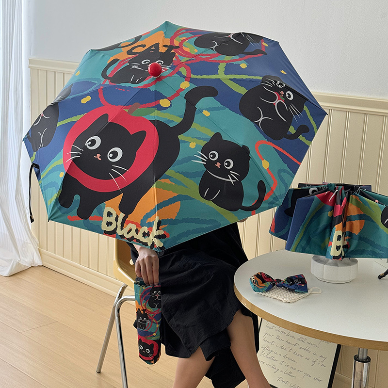 Retro Cute Black Cat Automatic Sunny-Rain Dual-Use Sun Umbrella UV Protection Sunshade for Students Foldable Sun Umbrella