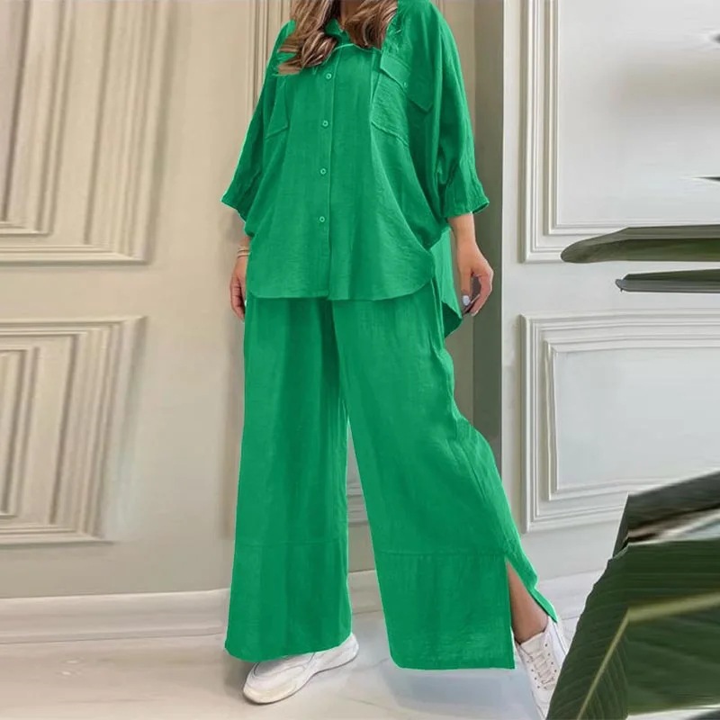Women's Clothing women's fashion casual loose solid color cotton and linen shirt long sleeved pants suit two piece set_voghion.com