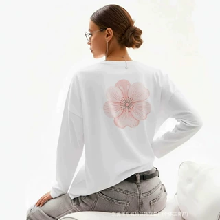 100%纯棉长袖t恤美式百搭休闲个性潮牌甜美花朵印花外穿chic上衣