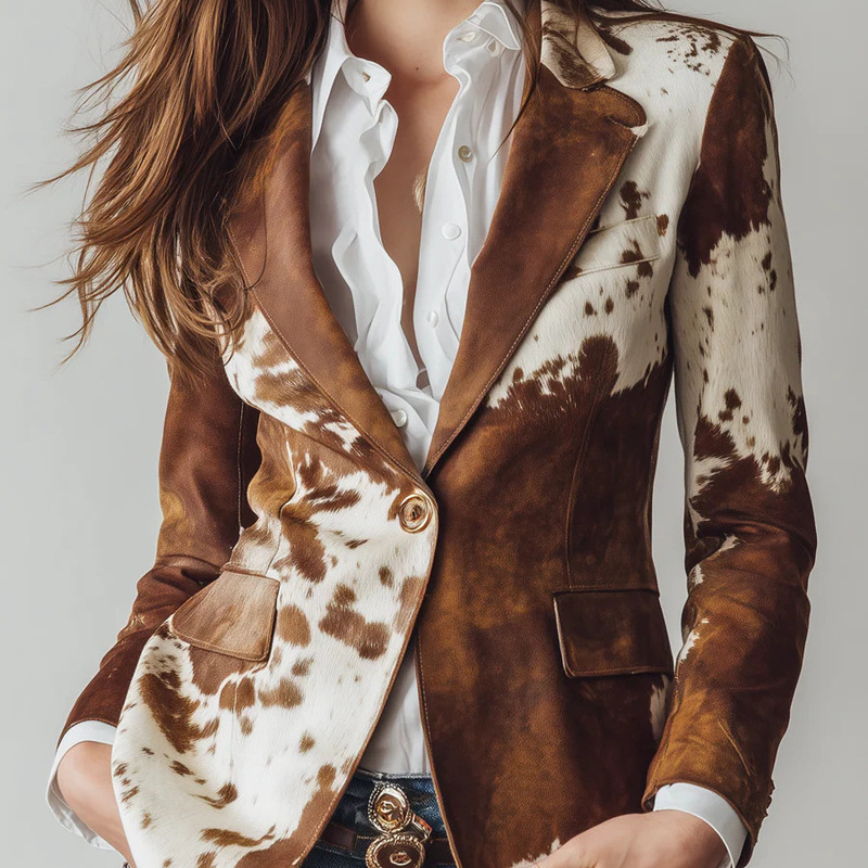 European and American Women's Fashion: Unique Suede Print Long-Sleeve Jacket with Single-Breasted Design, Stylish Blazer European and American Women's Fashion: Unique Suede Print Long-Sleeve Jacket with Single-Breasted Design, Stylish Blazer