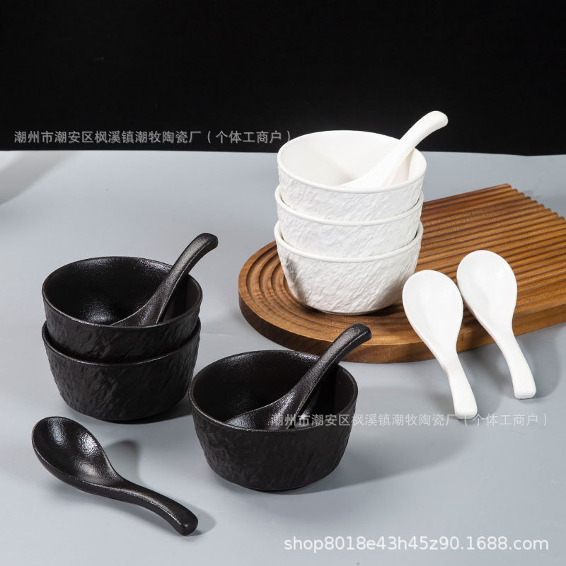 Rock-Pattern Ceramic Rice Bowl, Small Soup Bowl, Spoon, Commercial Tableware, Korean-Style Bowl, Dessert Bowl, White Porcelain Rice Bowl, Japanese Style