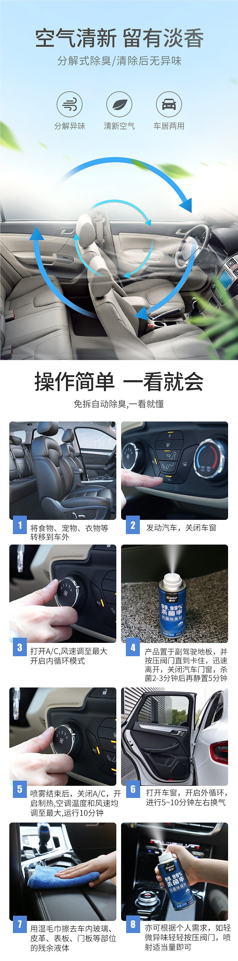 6-Pack Car Deodorizer Spray for Removing Odors in the Car, Air Conditioning Odor Eliminator, Antibacterial and Sterilizing Spray, Car Air Freshener