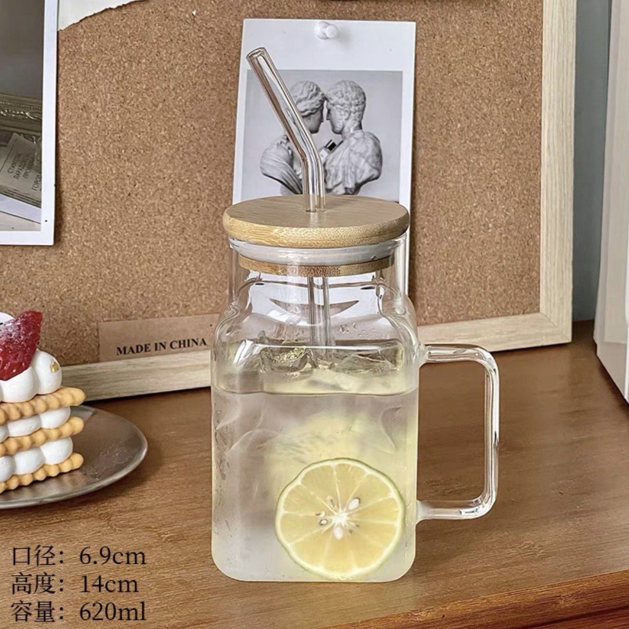 Vaso cuadrado de vidrio con asa, taza de borosilicato de alta resistencia, taza de oficina de gran capacidad con tapa.