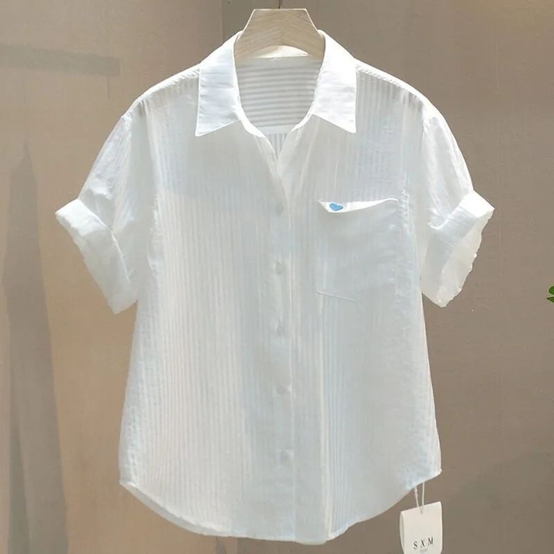 Summer Korean-Style Embroidered Heart Single-Pocket Design Vertical Striped Thin Short-Sleeve Shirt Casual Women's Blouse Top