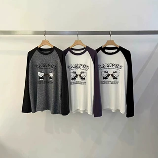 韩国pepper东大门卡通双猫咪秋冬撞色插肩袖洋气打底衫减龄显瘦