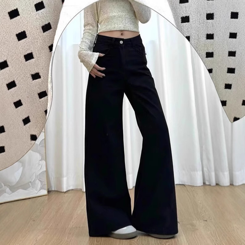 Korean Style Fashionable Black Jeans for Women, Summer New Arrivals, Plus-Size Slimming, Loose Fit, Pear-Shaped Body, Wide-Leg Pants
