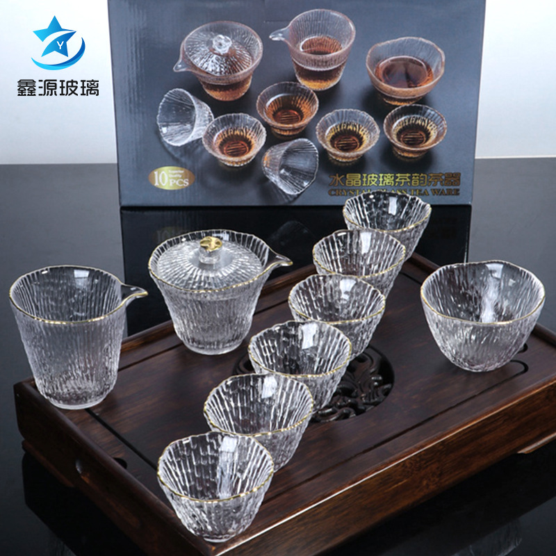 日式竹節紋玻璃茶具禮盒套裝冰露整套彩盒蓋碗公道杯品杯功夫茶具