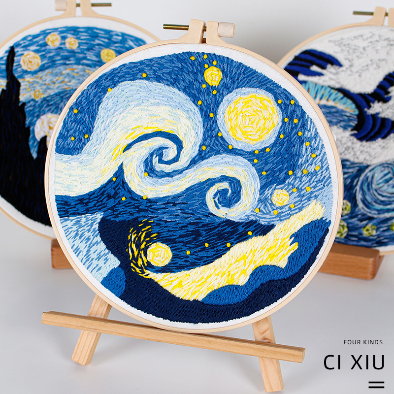 Van Gogh estrellado cielo DIY bordado hecho a mano paquete material costura traje estilo europeo paisaje estrellado cielo onda bordado tela impresión imagen