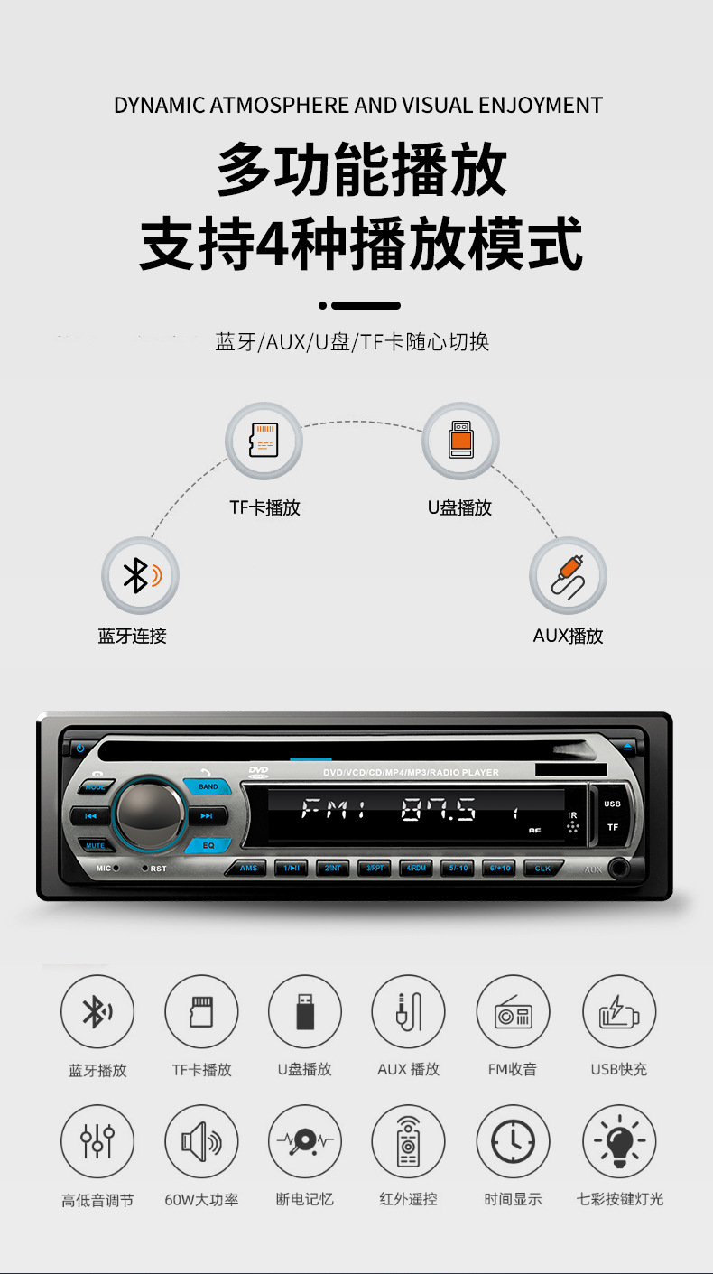 Single-Cylinder Car Dvd Player Radio Bluetooth Cd Player Mp3 Bluetooth Radio High Power