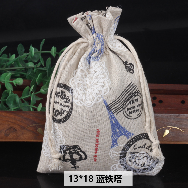 Ventas calientes de impresión de paquetes de cuerda de dibujo bolsas de impresión logotipo de lino bolsa de tela para el medio ambiente bolsa de almacenamiento de artículos 13 * 18