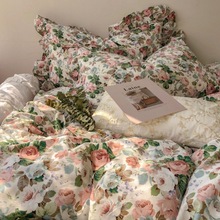 复古玫瑰荷叶边四件套公主风全棉100被套床裙床单床上用品