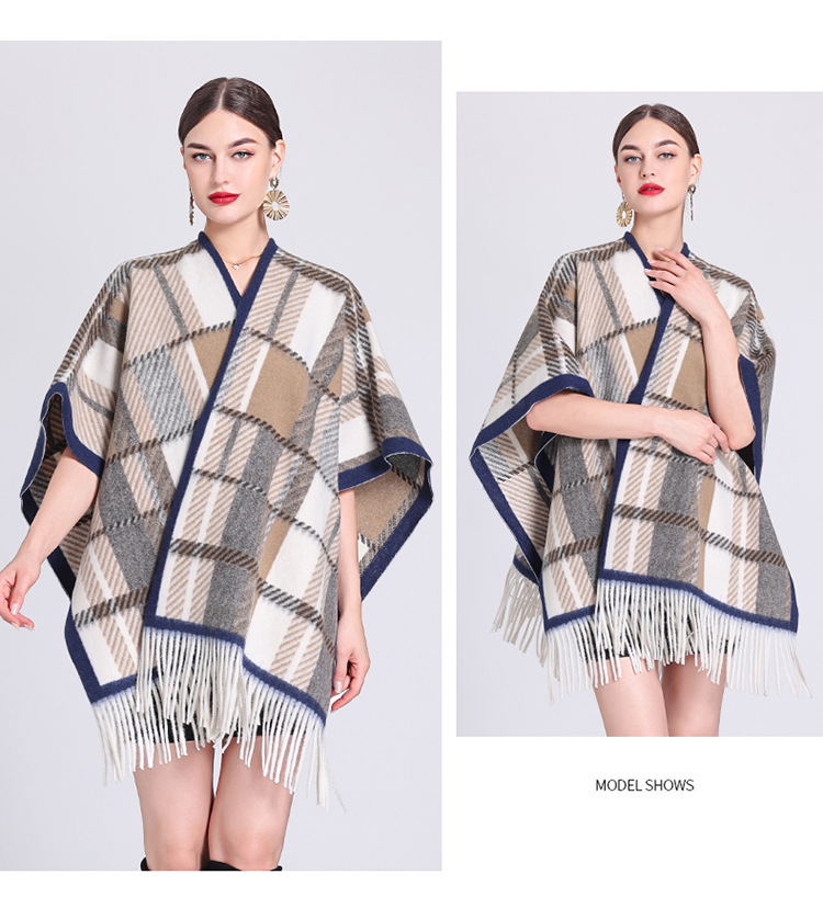 Schalumhang Damen karierte Strickjacke mit Fransen karierter Umhang Schal Wollmantel_voghion.com