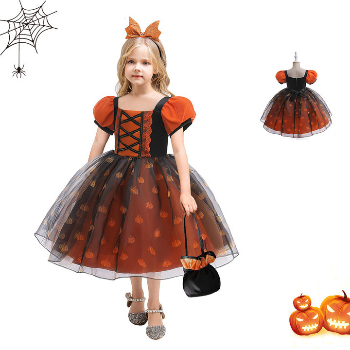 Nuevo en stock europeo y americano Halloween bola fiesta niños vestido puff manga costura calabaza vidrio hilo princesa vestido