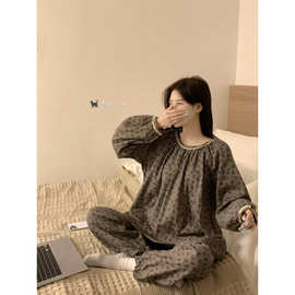 实拍实价韩版棉秋冬复古印花简约甜美蕾丝宽松休闲ins家居服套